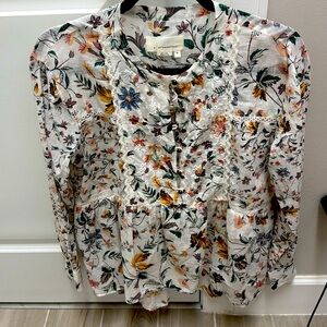 Anthropologie XSmall White Floral‎ Lace Gold Button Front Long Sleeve Blouse